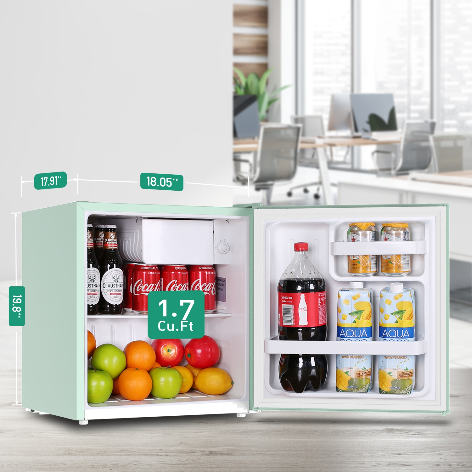 Mini Fridge with Freezer. 1.7 Cu.Ft Small Refrigerator, 6 Adjustable  Thermostat Control, One-Touch Defrost, Reversible Doors Design,  Dorm/Office/Home Refrigerator, Green With Handle 